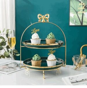 2-Tier Cake Stand with Bow Handles Green-gold Ceramic 